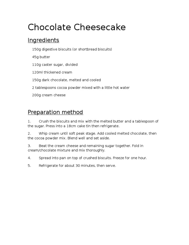 Chocolate Cheesecake Recipe | PDF