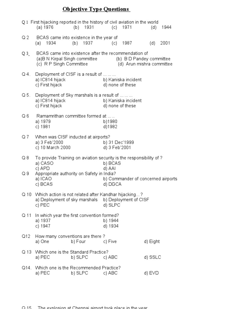 Objective Type Questions 800 Document 2 1 Airport Security