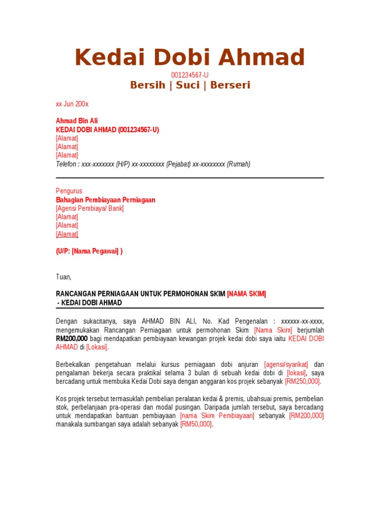 Surat Kepada Pembiaya Kedai Dobi Baru Pdf