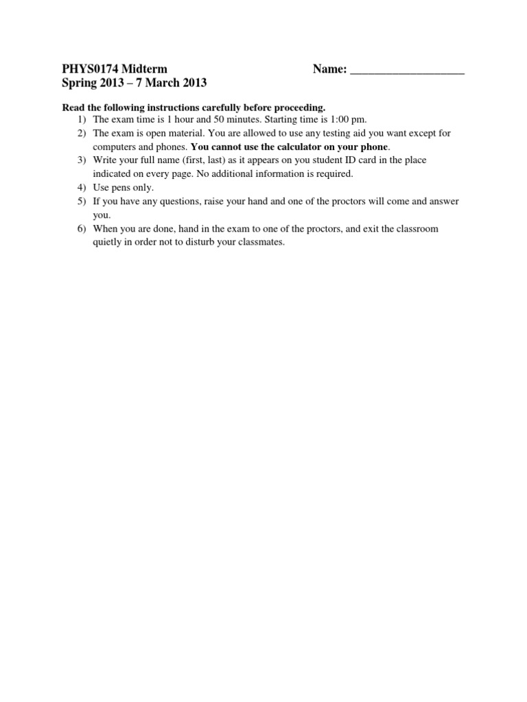 Physics Midterm Exam Instructions | PDF | Collision | Force