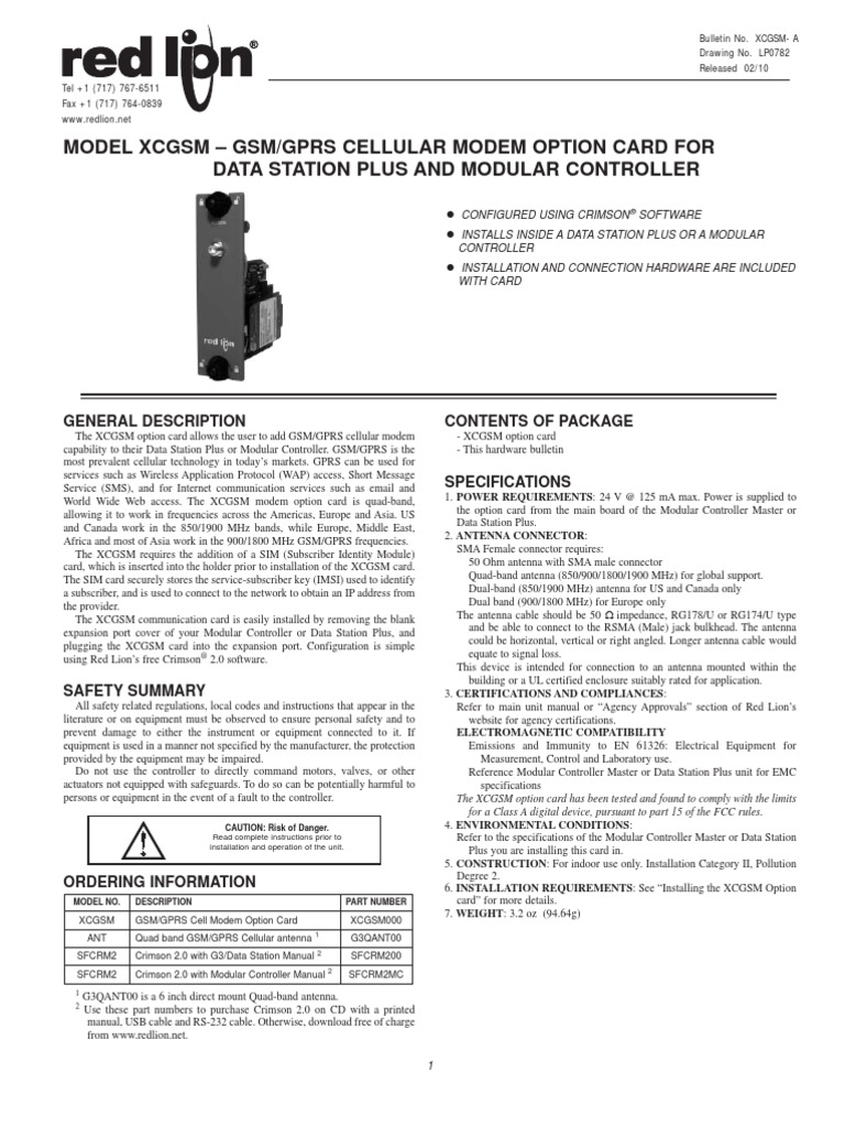 Model XCGSM GSM and GPRS Cellular Modem Option Card For Data Station