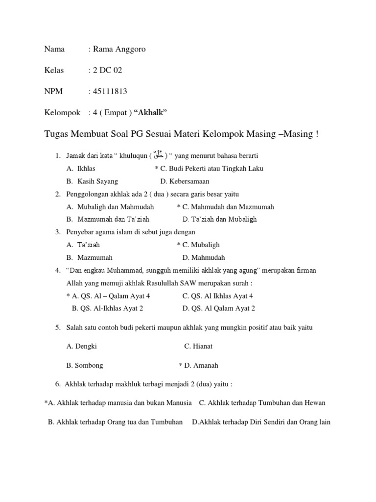 Soal Soal Pilihan Ganda Agama