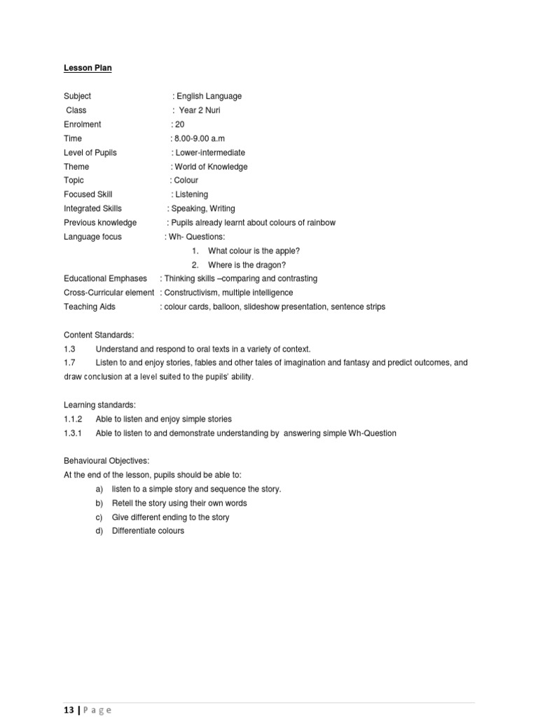 Year 2 Listening & Speaking Lesson Plan | PDF | Lesson Plan | Question