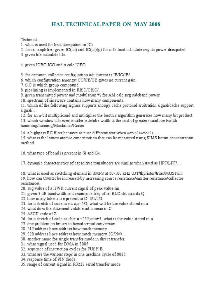 (WWW - Entrance-Ex Vafrdam - Net) - HAL Placement Sample Paper 3 | PDF ...