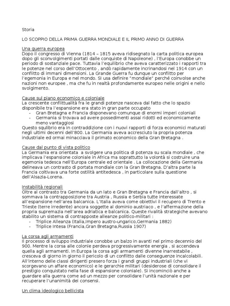 Storia LA PRIMA GUERRA MONDIALE RIASSUNTO