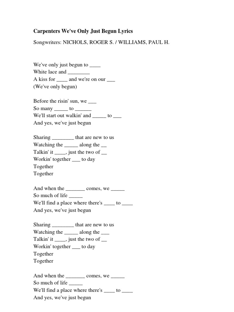 Carpenters We've Only Just Begun Lyrics | PDF | American Songs | Singles
