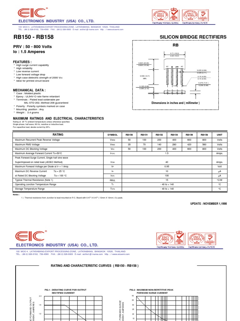 RB150 - RB158: Silicon Bridge Rectifiers | PDF | Electricity ...