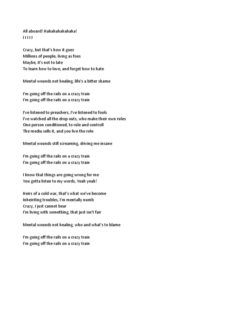 Black Sabbath Crazy Train Lyrics PDF