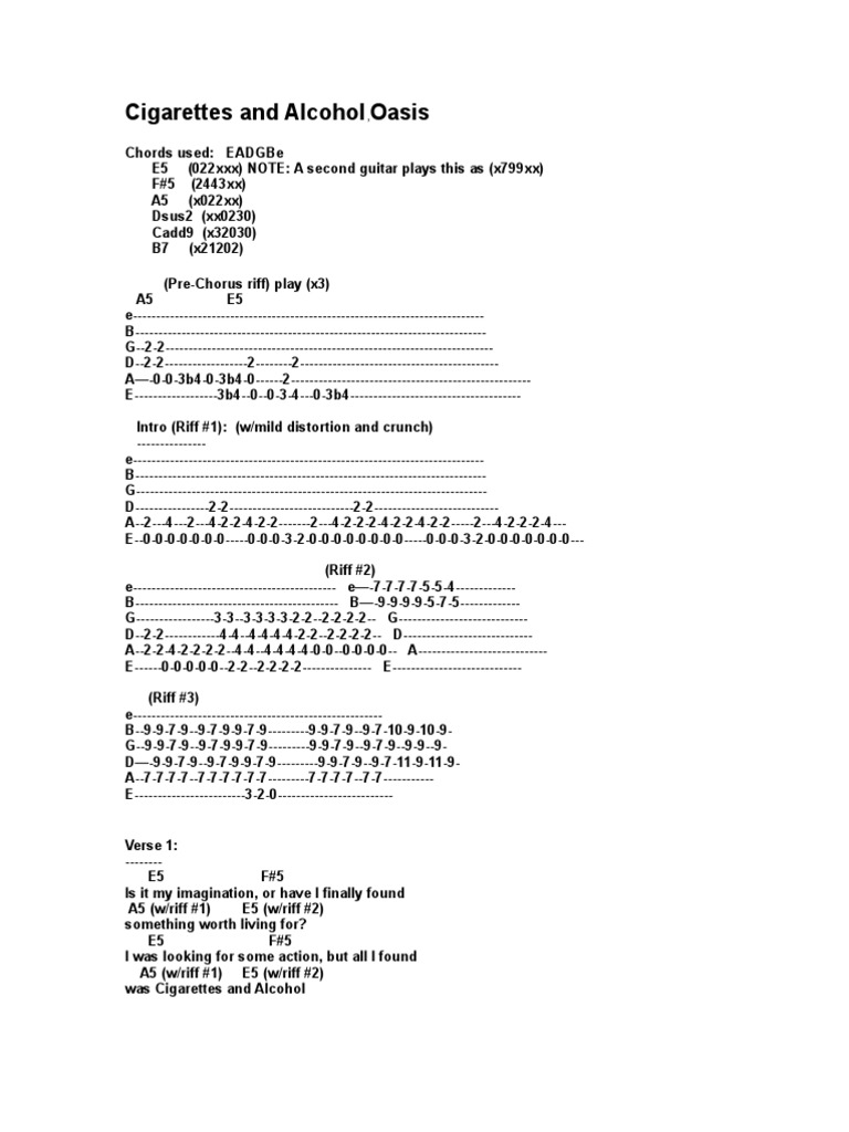 10 drunk cigarettes chords Cigarettes and Alcohol Guitar Tabs