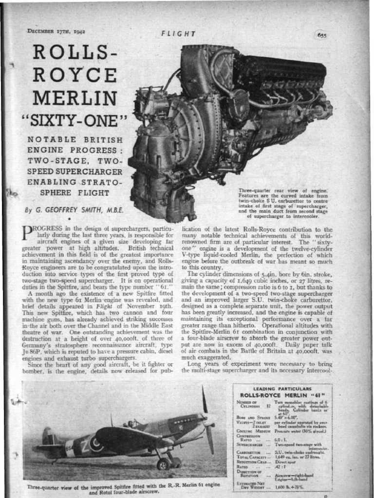 Rolls-Royce Merlin 61 Engine Overview | PDF | Turbocharger | Internal ...
