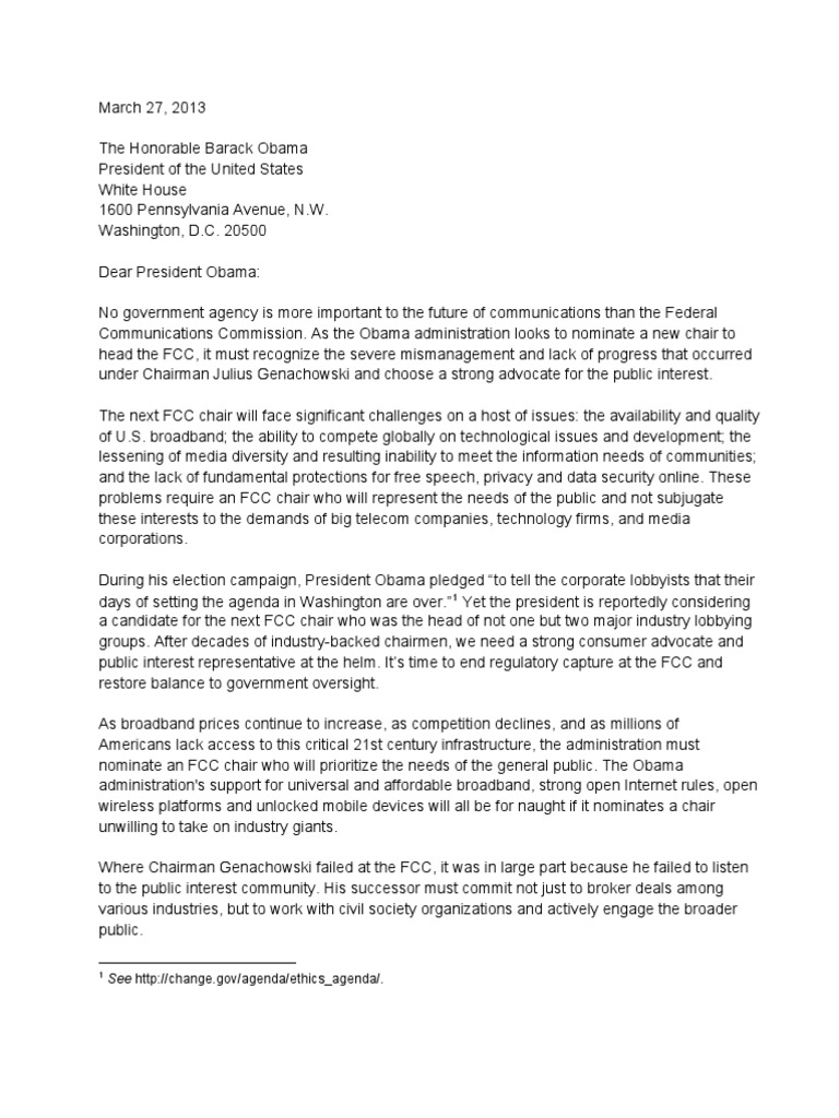 PublicInterestLetter FCCChairmanNomination | PDF | Federal ...