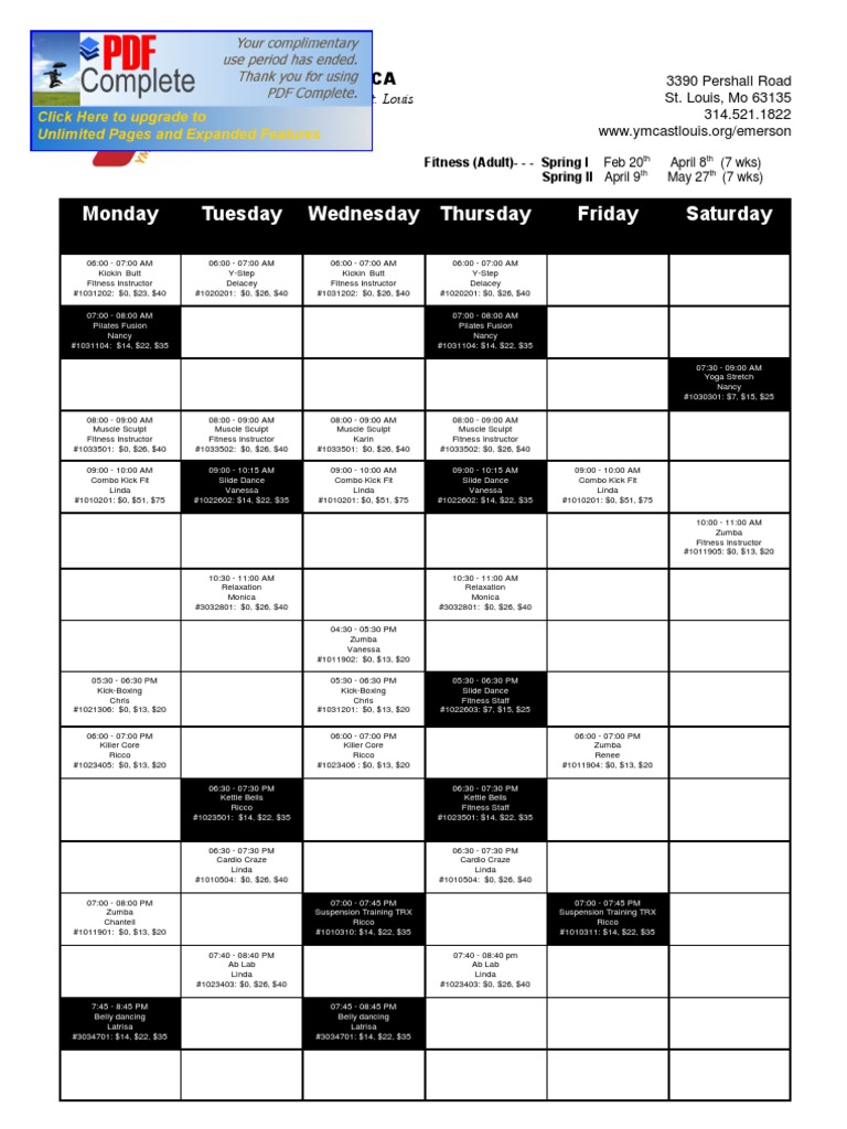 Spring I 2012 Fitness Schedule Template.pdf | Physical ...