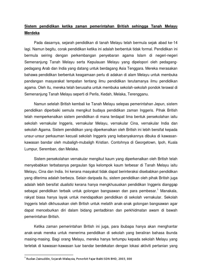 Sistem Pendidikan Ketika Zaman Pemerintahan British Sehingga Tanah Melayu Merdeka Pdf