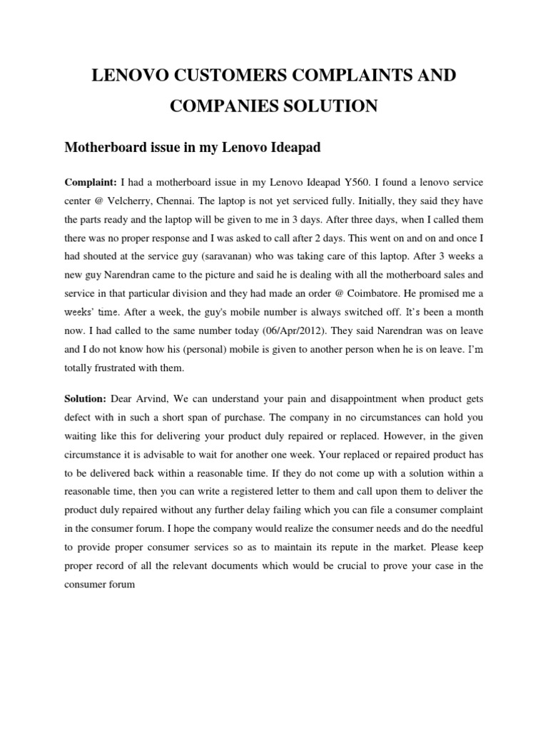 Lenovo Customers Complaints and Companies Solution PDF Lenovo Laptop
