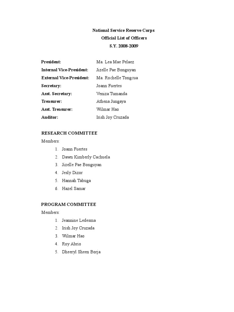 NSRC Officers and Members List 2008-2009 | PDF | Leisure