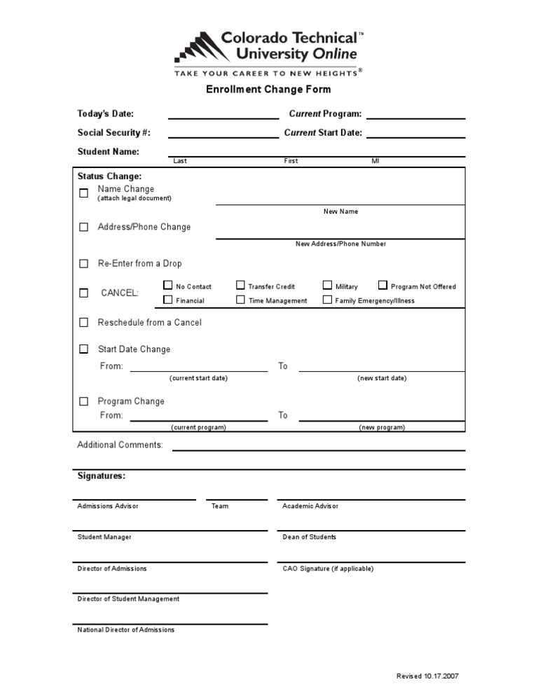 Enrollment Change Form: Today's Date: Social Security #: Student Name ...