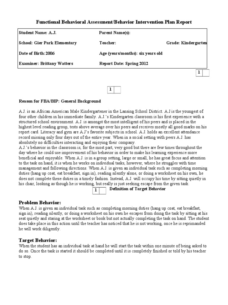 Functional Behavioral Assessment/Behavior Intervention Plan Report ...
