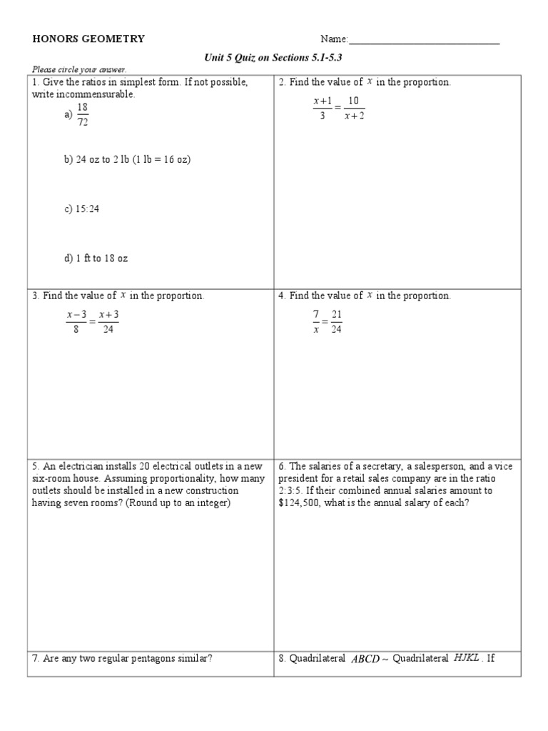 Honors Geometry: Unit 5 Quiz On Sections 5.1-5.3 | PDF