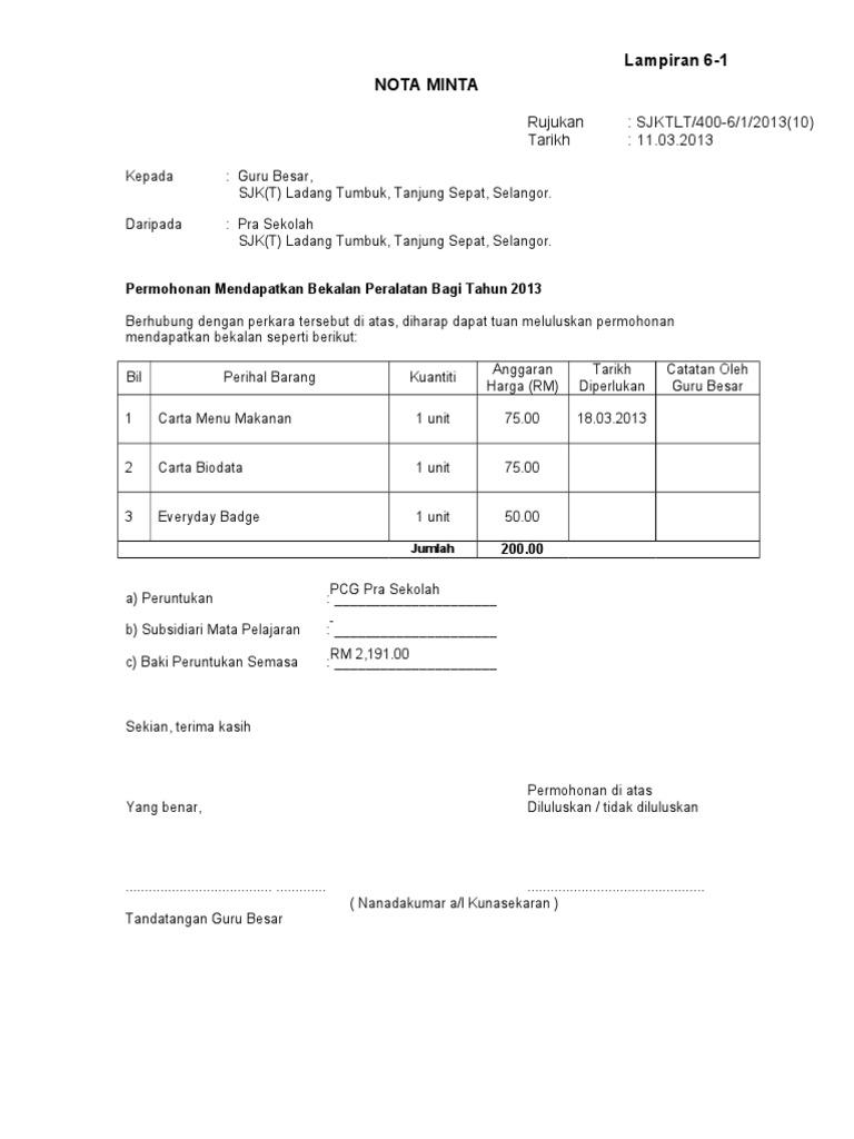 Contoh Nota Minta Sekolah 2013 | PDF