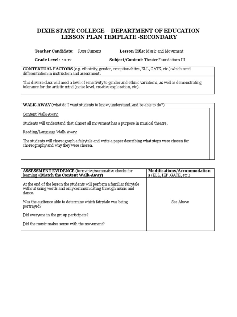 music and movement lesson plan Lesson Plan Educational Assessment
