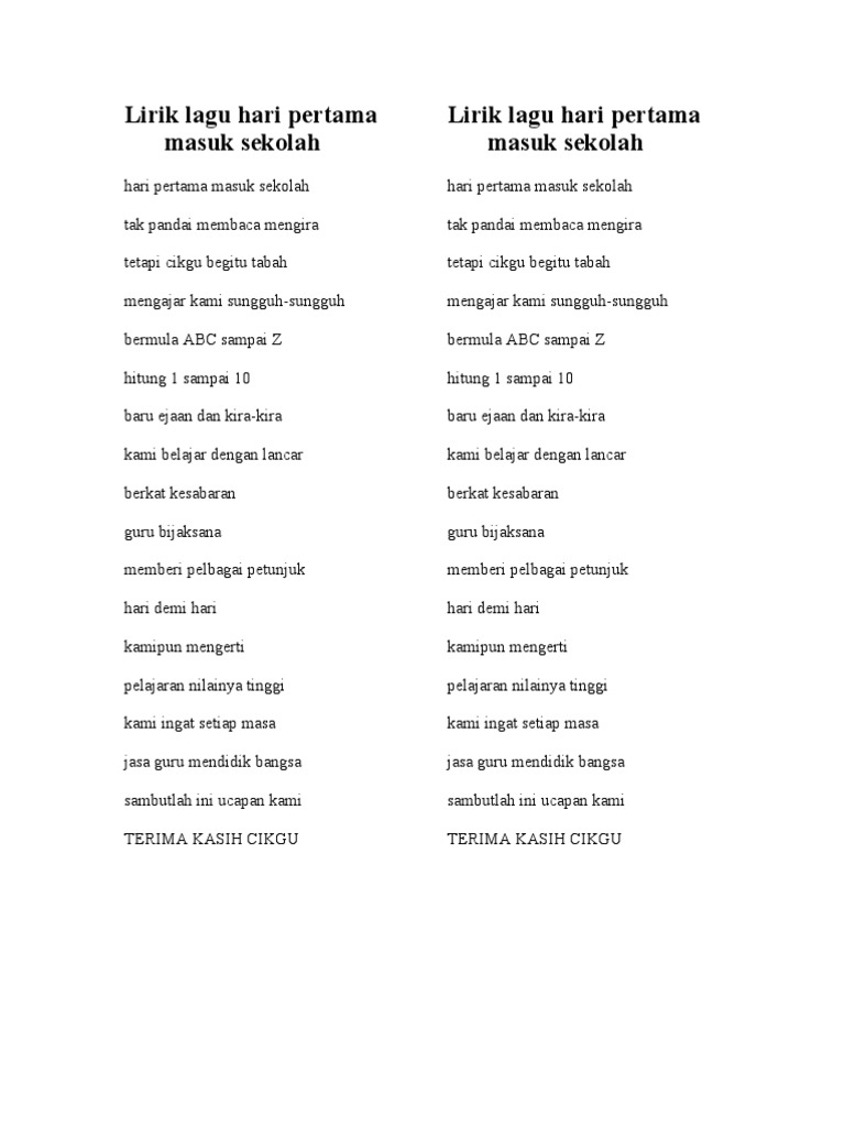 Lirik Lagu Hari Pertama Masuk Pdf