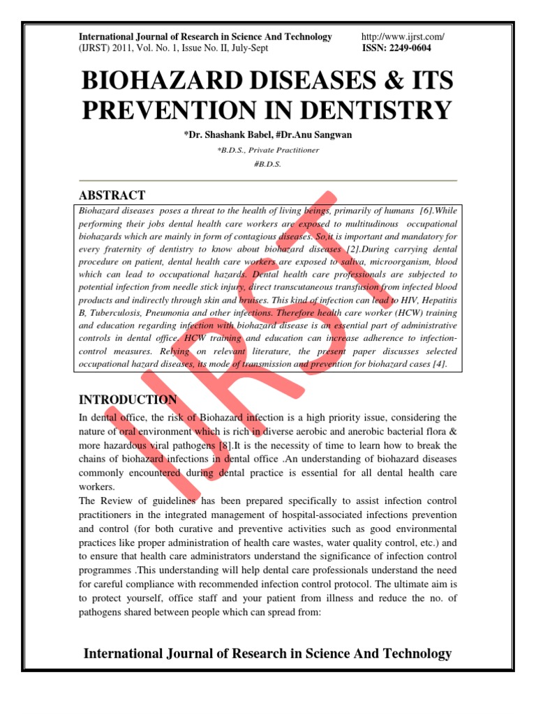 Biohazard Diseases Its Prevention in Dentistry PDF Infection Hiv/Aids