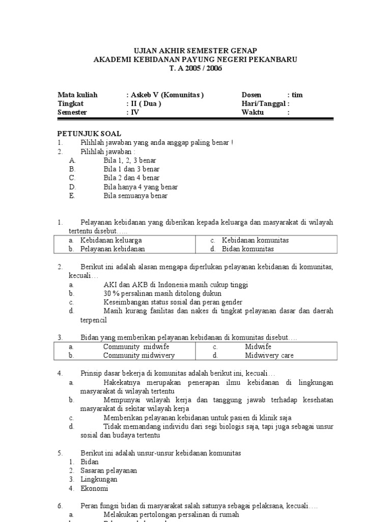Contoh Soal Askeb V Kebidanan Komunitas Beserta Jawaban