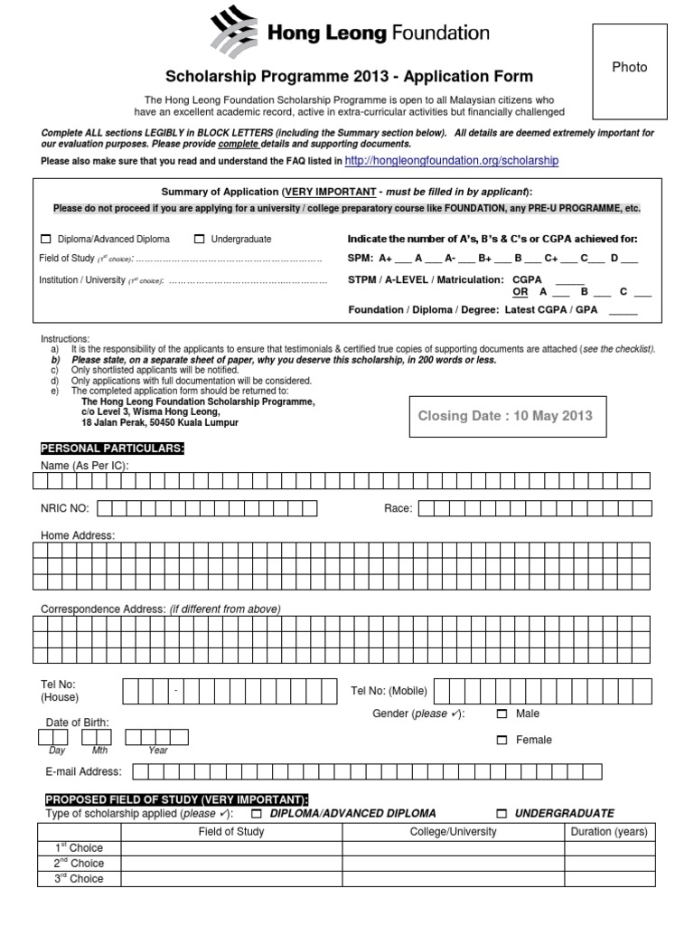Borang Permohonan Biasiswa Yayasan Hong Leong Foundation Scholarship Application Form Pdf Diploma College