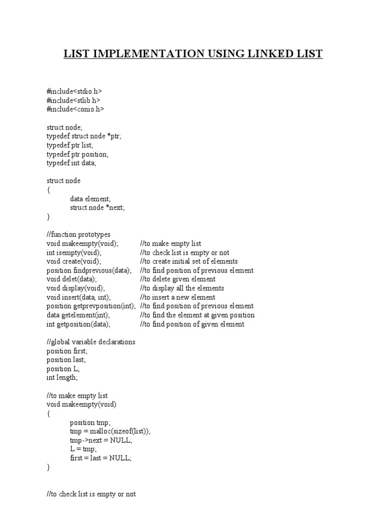 C Program For List Implementation Using Linked List | PDF | Programming ...