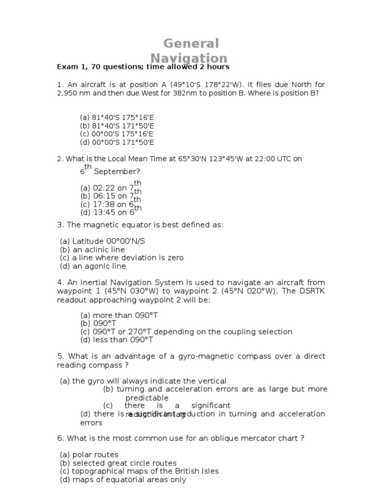 General Navigation Exam 1 PDF Compass Latitude