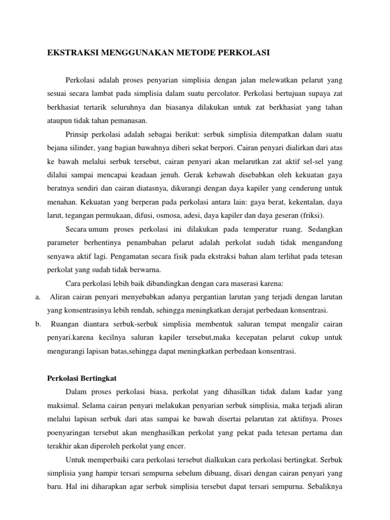 Metode Ekstraksi Perkolasi Zat Aktif | PDF