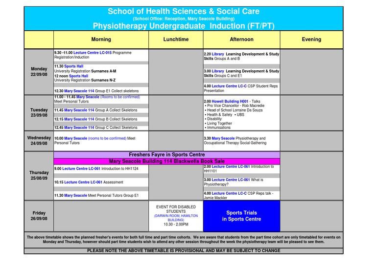Physiotherapy Freshers' Schedule | PDF | Physical Therapy | Learning