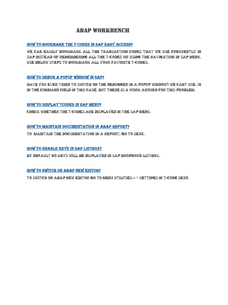 Abap workbench how to bookmark the t codes in sap easy access