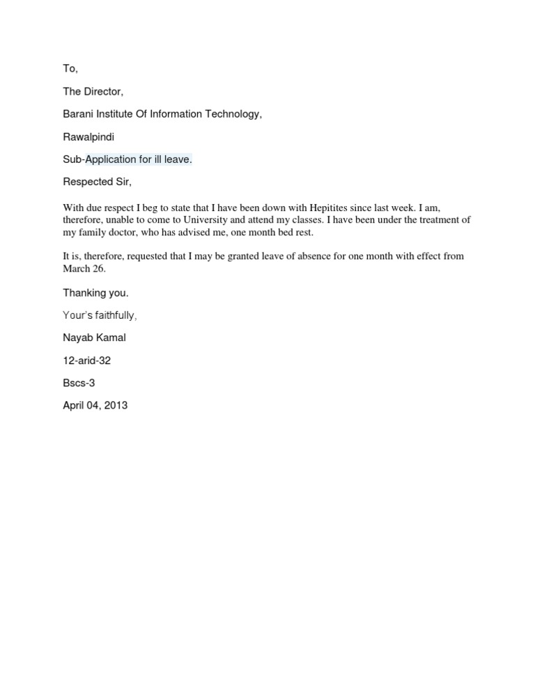 Ill Leave Application for Bed Rest | PDF