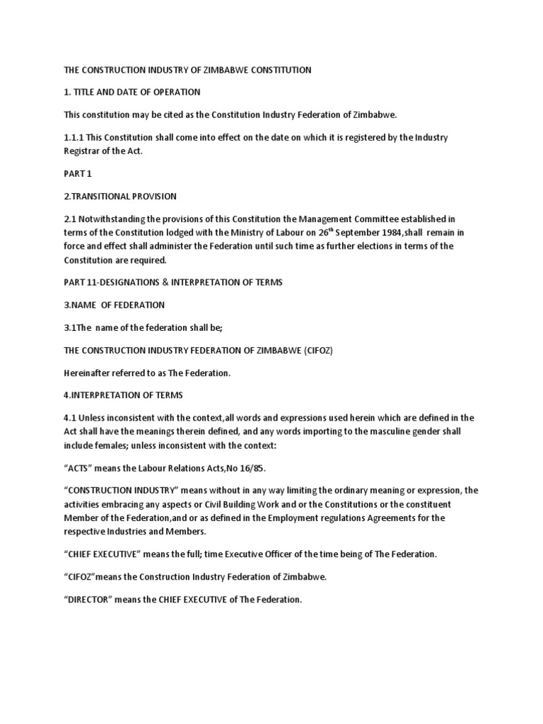 The Construction Industry of Zimbabwe Constitution | Download Free PDF
