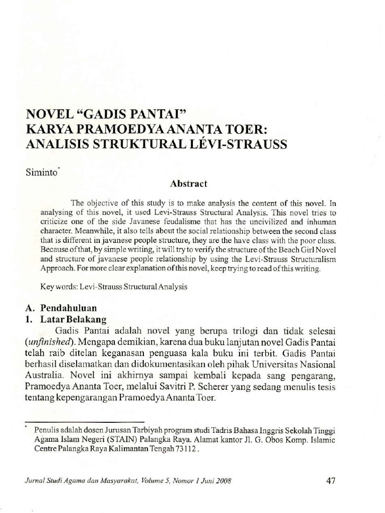 Novel Gadis Pantai Karya Pramoedya Ananta Toer Analisis Struktural Levi