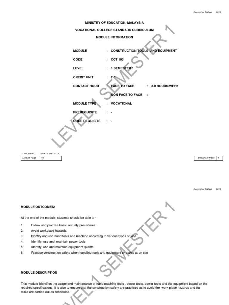 Modul 3 Construction Tools and Equipment PDF Tools Specification