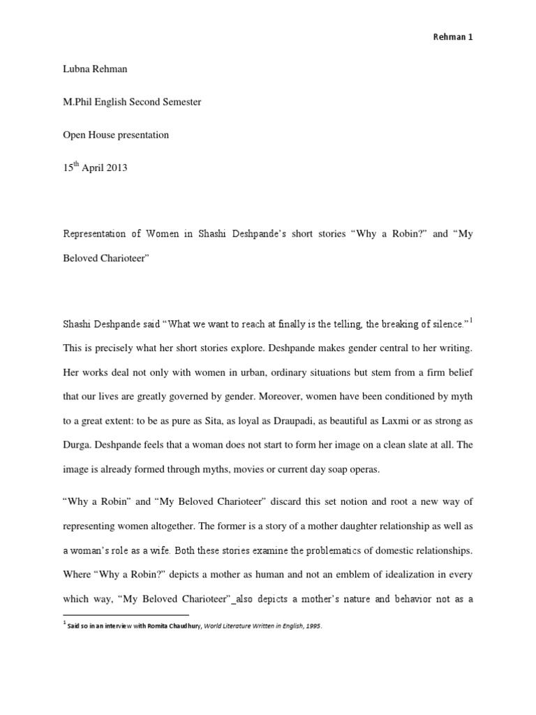 Representation of Women in Shashi Deshpande's Short Stories ("Why A