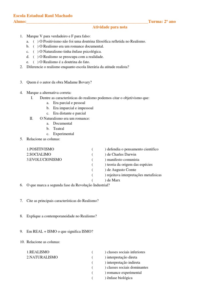Prova Sobre Realismo E Naturalismo Com Gabarito