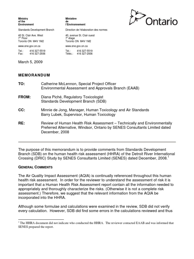 Memorandum TO:: Ministry of The Environment Ministère de L ...