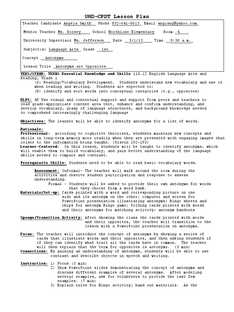 UHDCPDT Lesson Plan Final 2 PDF Lesson Plan Vocabulary