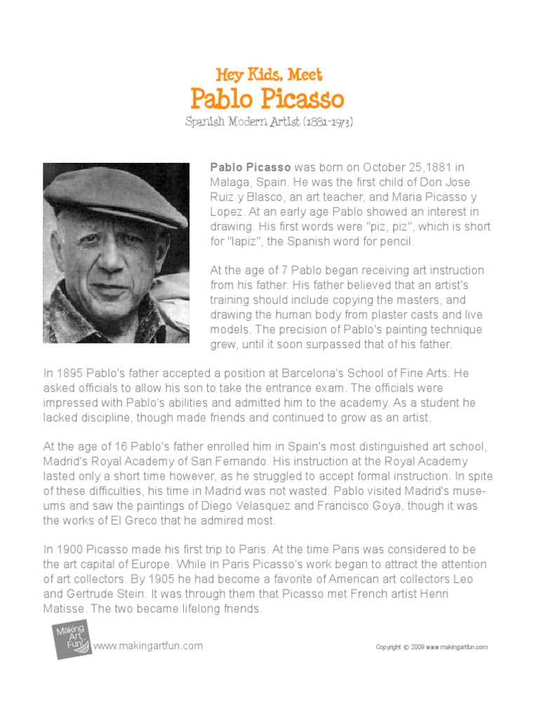 Pablo Picasso Printit Biography PDF Pablo Picasso Cubism