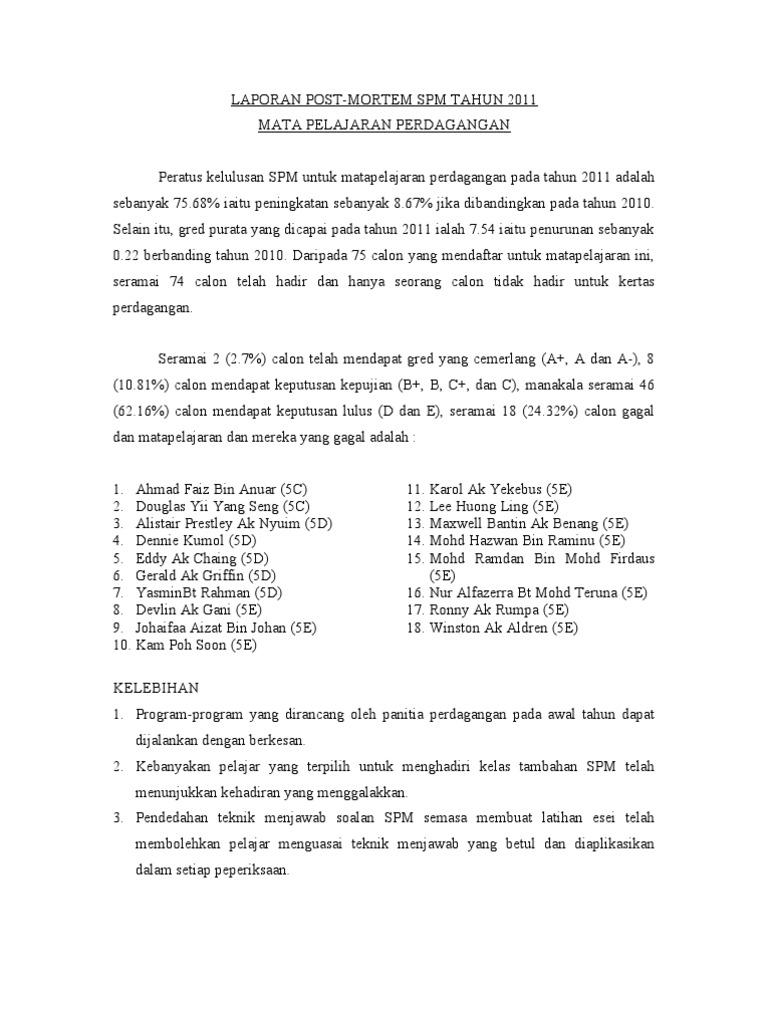 Laporan Post Mortem Keputusan Spm 2011