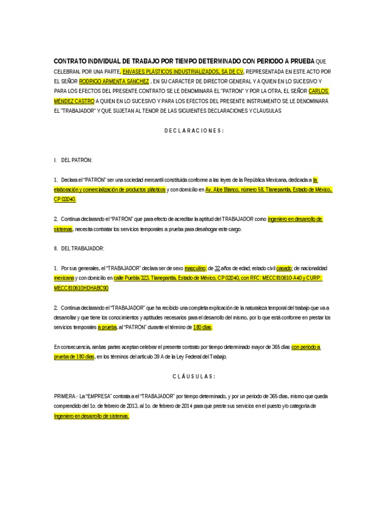 Contrato Individual de Trabajo Por Tiempo Determinado Con Periodo A Prueba  | PDF | Salario | México