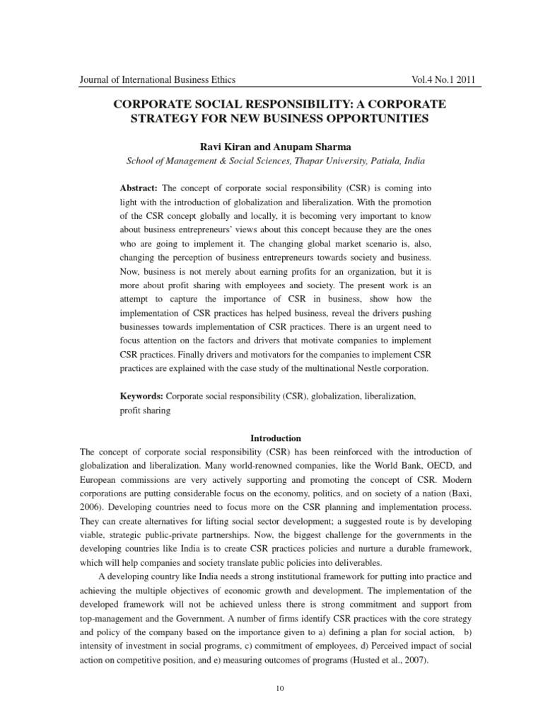 Corporate Social Responsibility: A Corporate Strategy For New Business