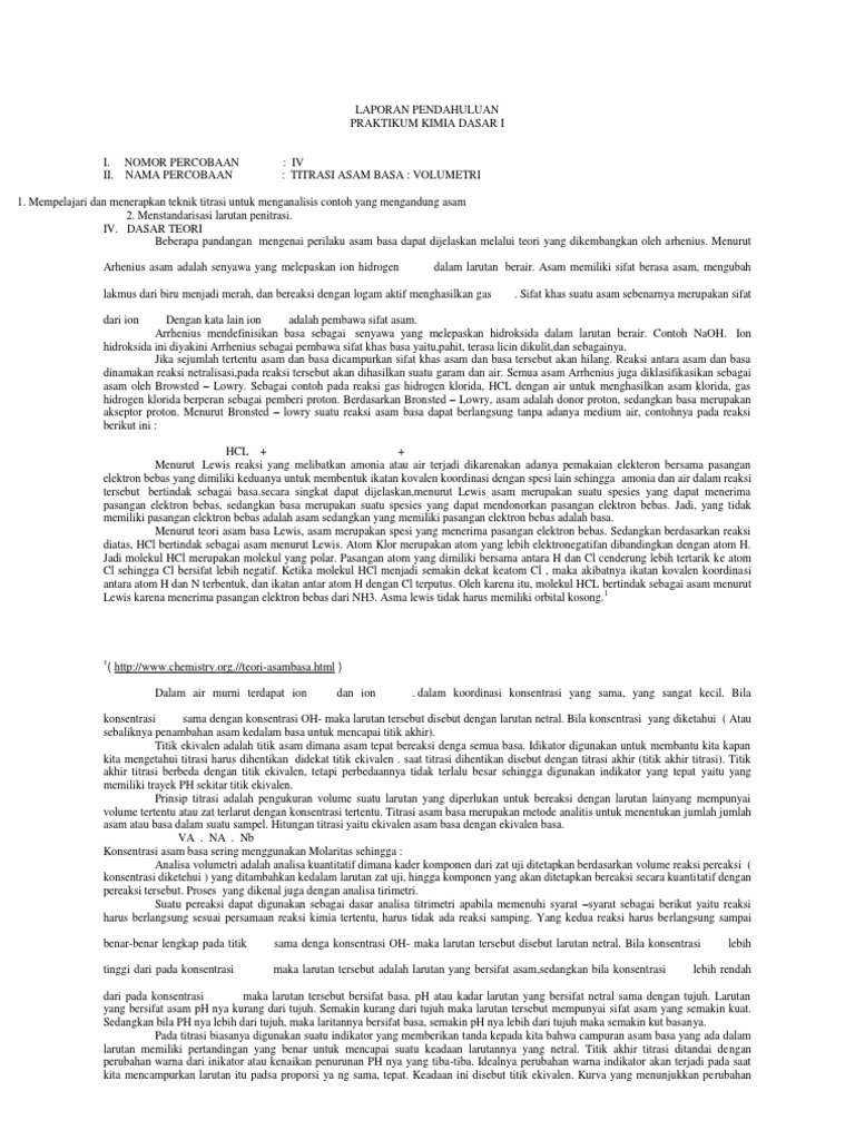 Laporan Pendahuluan Praktikum Kimia Dasar I
