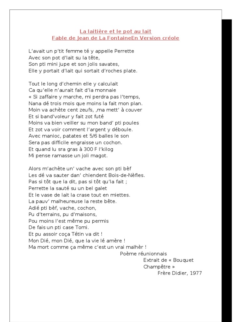 La Laitière Et Le Pot Au Lait Texte à Imprimer La Laitière Et Le Pot Au Lait | PDF