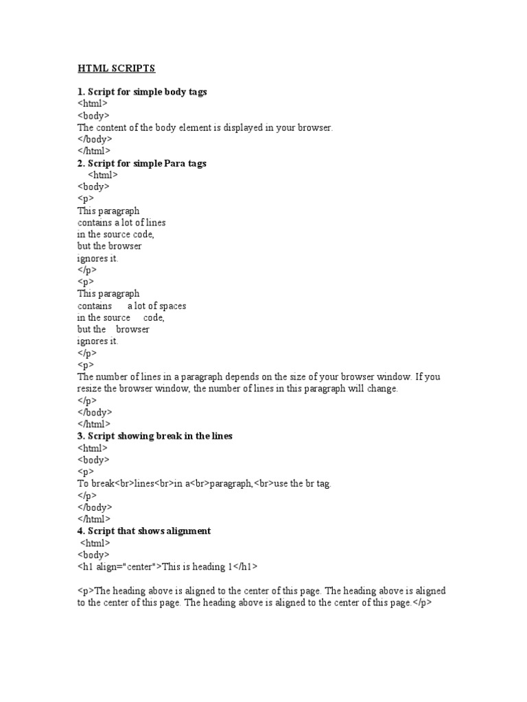 HTML Scripts 1. Script For Simple Body Tags | PDF | Html Element ...