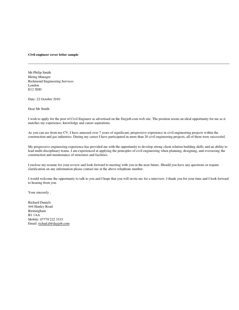 civil engineering job cover letter examples