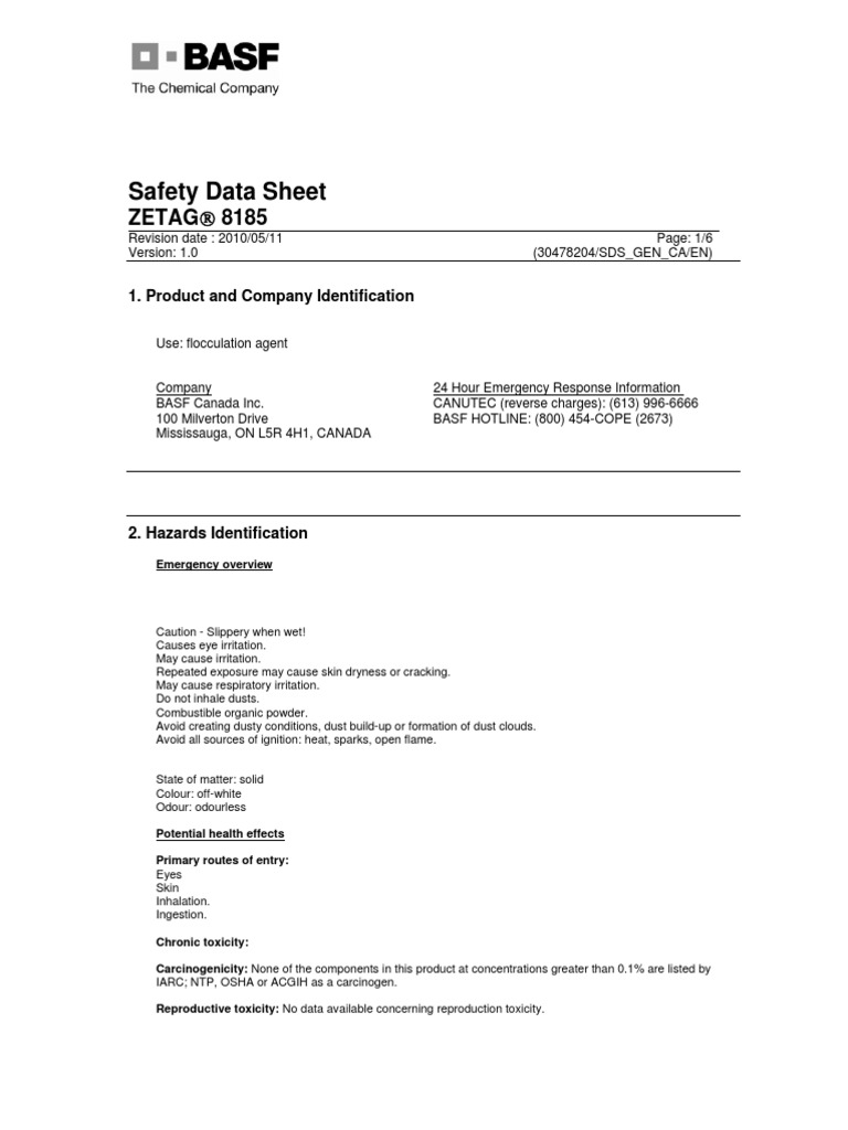 Chemicals Zetag Msds Powder Zetag 8185 0510 Toxicity